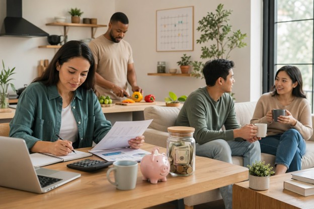 A diverse group of individuals collaborating at a table with a laptop and financial documents, discussing lifestyle inflation strategies.