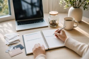 A woman sits at a desk, jotting notes in a notebook, with a laptop and coffee, emphasizing smart financial choices.