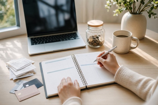 A woman sits at a desk, jotting notes in a notebook, with a laptop and coffee, emphasizing smart financial choices.