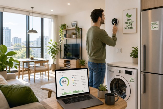 A man using a laptop to assess his home's energy efficiency and explore ways to reduce his electricity bill.