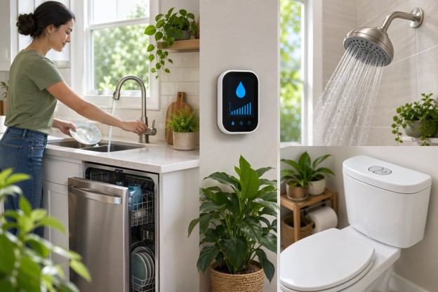 A woman washing her hands in a bathroom, with a shower head visible in the background, demonstrating water-saving practices.
