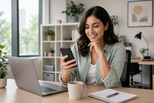 Woman using a smartphone in an office setting, exploring low-cost mobile plans for light users.