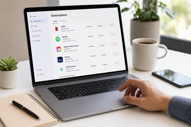A laptop screen displaying the App Store interface, highlighting subscription management options for users.