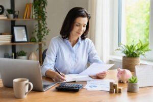 A woman at a desk with a laptop and papers, illustrating strategies to prevent lifestyle inflation for financial stability.
