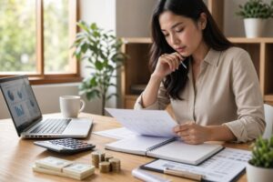  Woman analyzing financial documents at a home office, focusing on intentional spending strategies for better financial decisions.