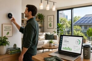 A man setting a smart thermostat in his home, showcasing effective methods to decrease electricity expenses in an apartment.