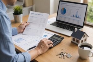 Man calculating mortgage costs using a calculator and laptop, focusing on hidden expenses before making a purchase.