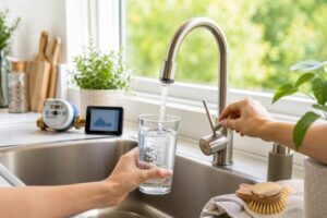 A person holding a glass of water while standing at a kitchen sink, illustrating water conservation efforts at home.