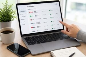 Person using a laptop with a VPN open, reviewing security options and cutting unnecessary costs to save money.