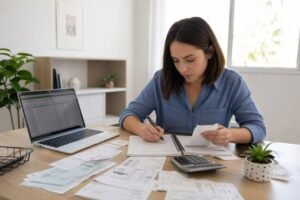  Woman sitting at a desk, organizing paperwork and calculating taxes at home.