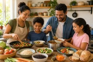 A family gathers in the kitchen, preparing a nutritious meal together, showcasing teamwork and budget-friendly cooking.