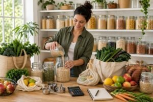 A woman chopping vegetables in a kitchen, demonstrating meal prep for bulk shopping and saving money.