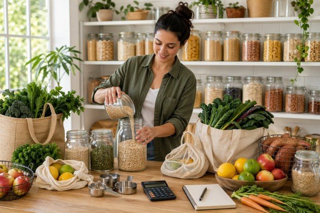 A woman chopping vegetables in a kitchen, demonstrating meal prep for bulk shopping and saving money.
