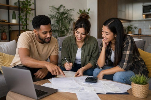 Three roommates engaged in a discussion about budgeting and equitable bill-sharing methods at a table with financial documents.