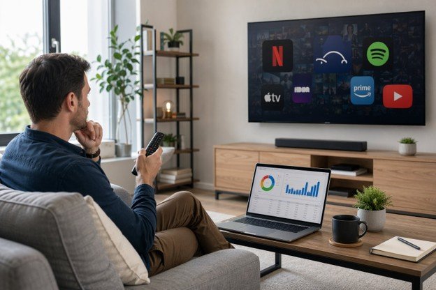 Man sitting on a couch, watching TV with multiple streaming app icons displayed on the screen.