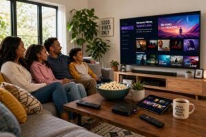 A family relaxing on a couch, engaged in watching TV, highlighting a comfortable home entertainment experience.