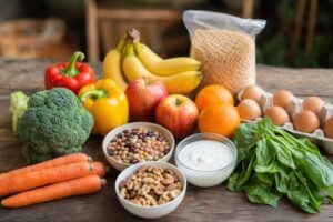 A colorful assortment of fresh fruits and vegetables displayed on a table, promoting healthy eating on a budget.
