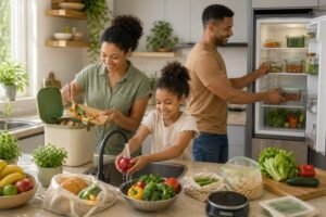 A family gathers in the kitchen, preparing food together while discussing ways to reduce food waste at home.