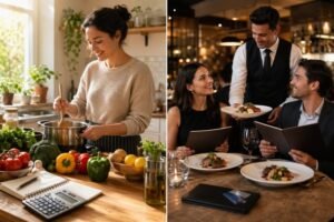 Side-by-side images: diners enjoying a meal in a restaurant and a chef preparing food in a kitchen.