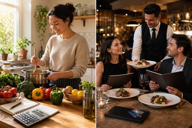 Side-by-side images: diners enjoying a meal in a restaurant and a chef preparing food in a kitchen.