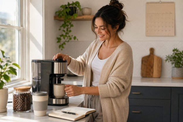 A woman stands in front of a coffee maker, contemplating ways to save money on daily coffee expenses.
