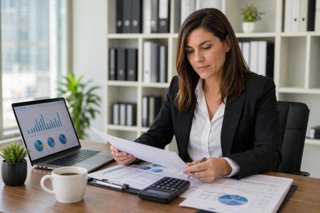 A businesswoman in a suit focused on her laptop, representing strategies for lowering insurance premiums.