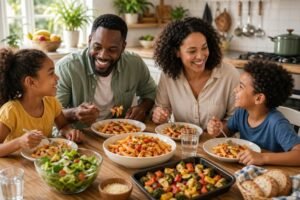 A family of four enjoying a nutritious dinner together at a kitchen table, emphasizing togetherness and budget-friendly meals.
