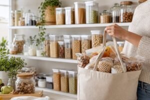 Woman in a kitchen holding a bag of nuts and grains, demonstrating bulk shopping for savings.