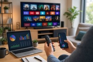 Man using a remote control to navigate a television, exploring options to reduce streaming service costs.