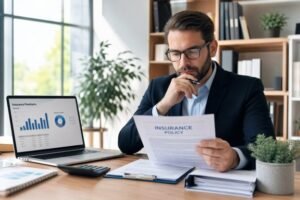 A small business owner reviewing insurance documents with a calculator, symbolizing cost reduction strategies.