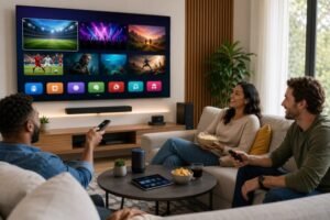 Three individuals seated in a living room, engaged in watching television together, exploring alternatives to cable TV.