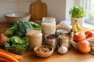Fresh fruits and vegetables displayed on a table, representing affordable staples for balanced nutrition.
