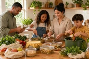 A family of four working together in a kitchen, chopping vegetables and preparing meals to reduce food waste.