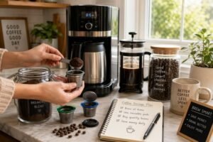 A coffee maker surrounded by coffee beans, illustrating practical strategies for saving money on daily coffee.