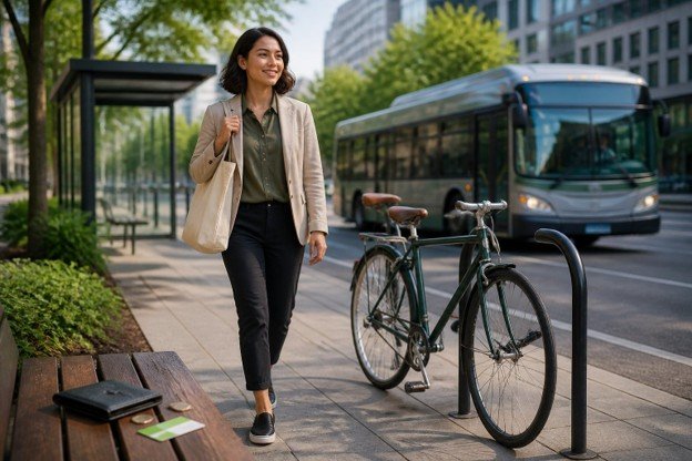 A woman walking near a bus stop, holding a bike, illustrating ways to save on daily transportation costs.