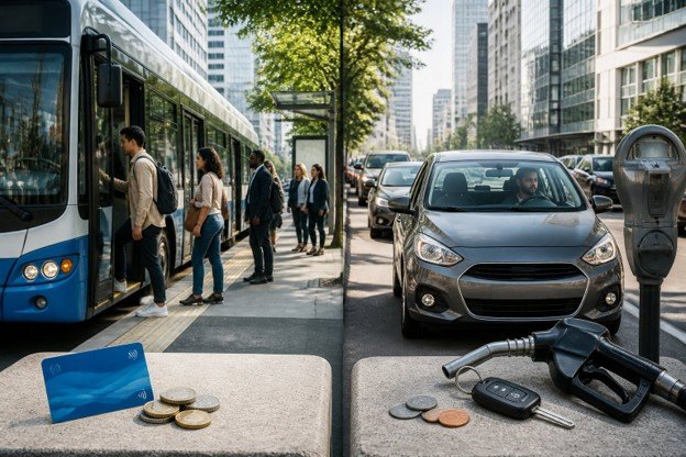 A side-by-side view of a bus and a car with people, highlighting the cost differences between public transport and car ownership.
