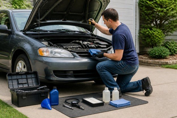 A man performing car maintenance in a driveway, focusing on essential repairs to save on car repairs.