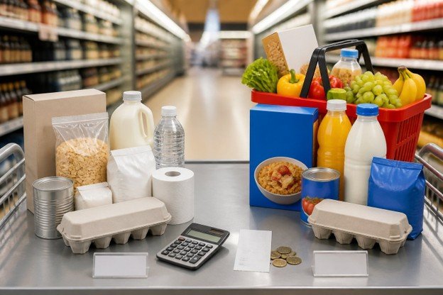 A shopping cart filled with groceries, illustrating a cost analysis between store brands and name brands.