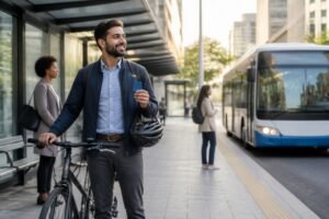 A man with a bicycle and backpack next to a bus, representing practical steps to reduce commuting costs.