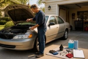 A man inspecting his car's engine, emphasizing essential car maintenance tips to save on repairs.